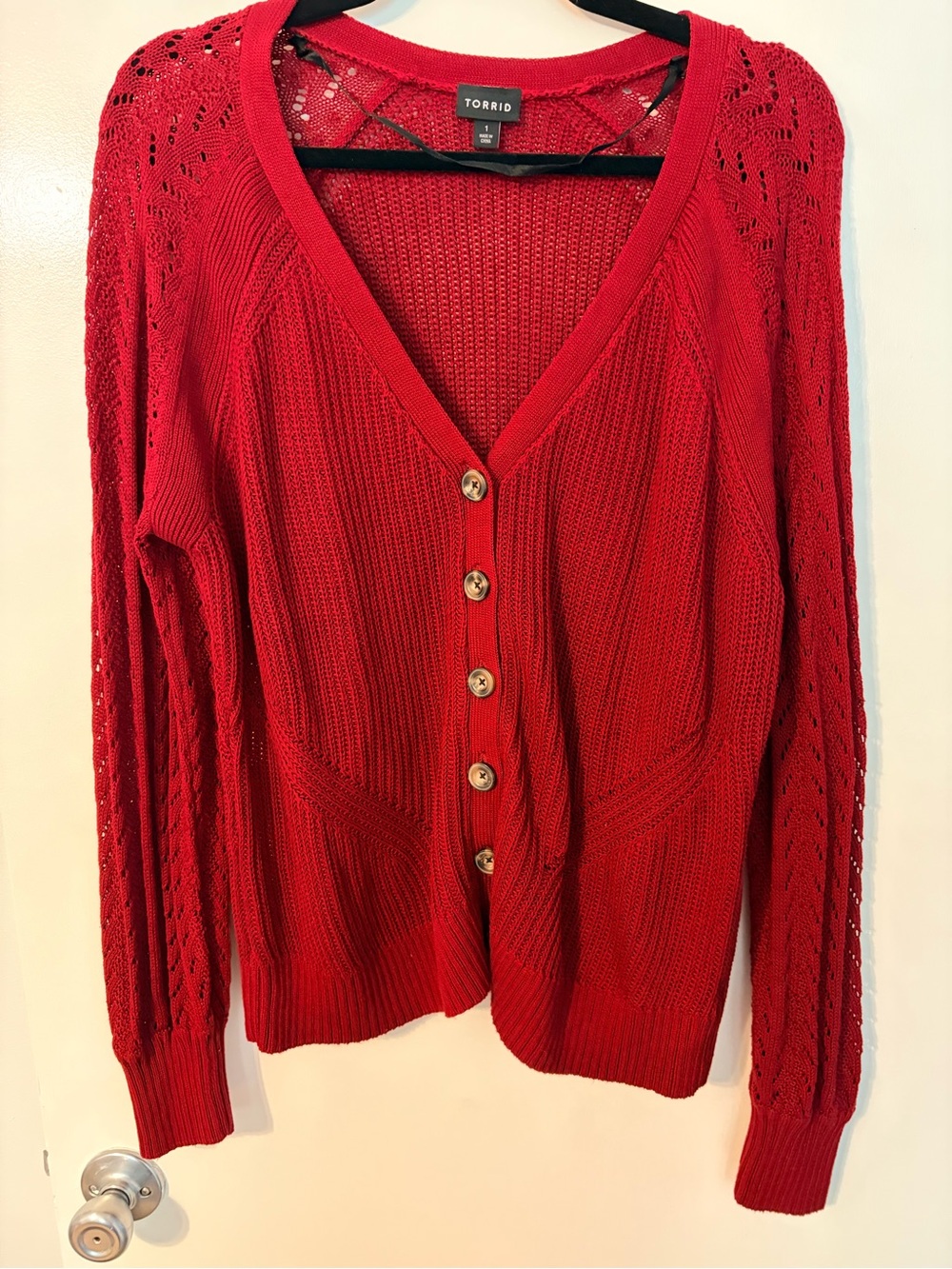 Torrid 1X Red Open Knit Button Front Cardigan Sweater NWOT
